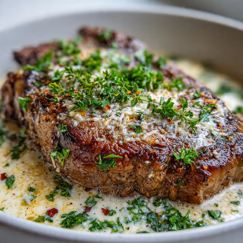 Close-up of a steak cut open, showing a perfect pink center draped with rich, cheesy sauce