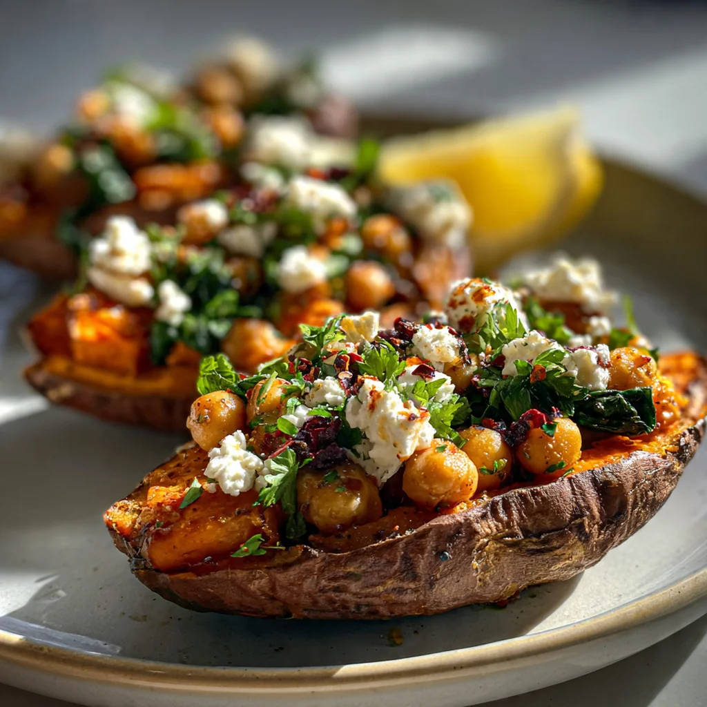 Close-up of a sweet potato boat filled with chunky chickpea mixture and a drizzle of creamy tahini
