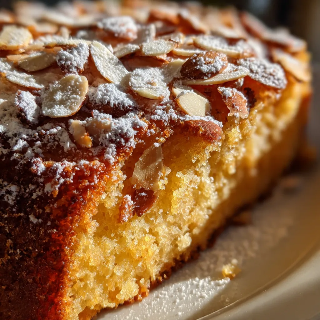 Freshly baked almond cake with a golden-brown crust and visible almond slices