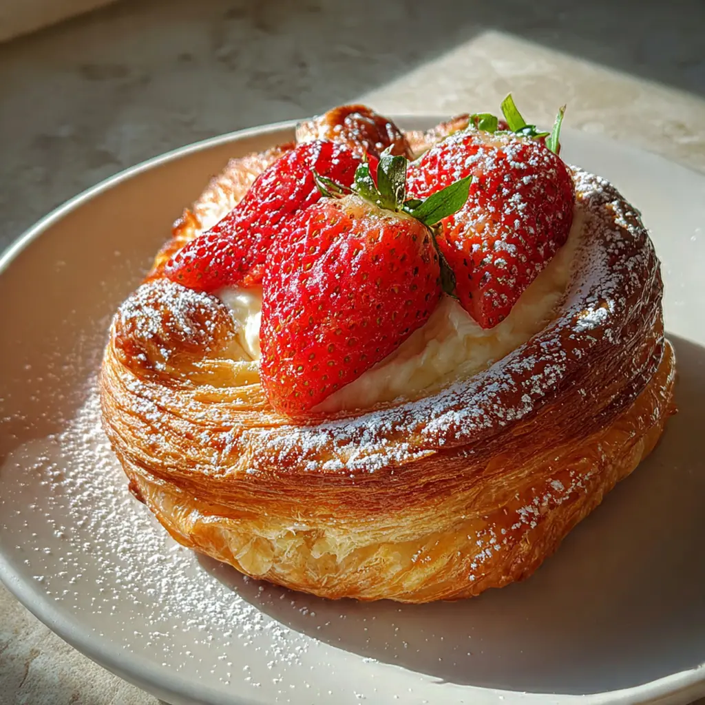 Close-up of a slice showing layers of flaky pastry, creamy filling, and red strawberry compote