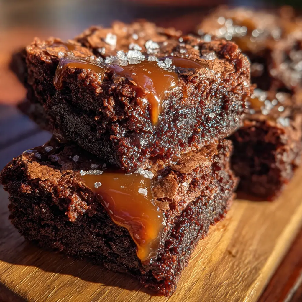 Freshly baked chocolate caramel brownies in a 9x13 pan with a cracked top and flaky sea salt