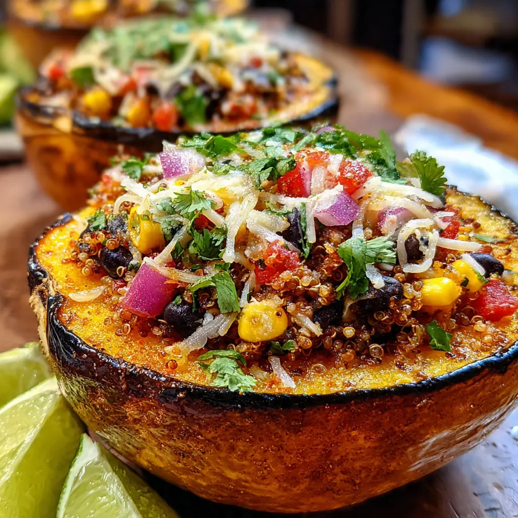Fresh ingredients for stuffed acorn squash arranged on a wooden board including squash, quinoa, kale and herbs