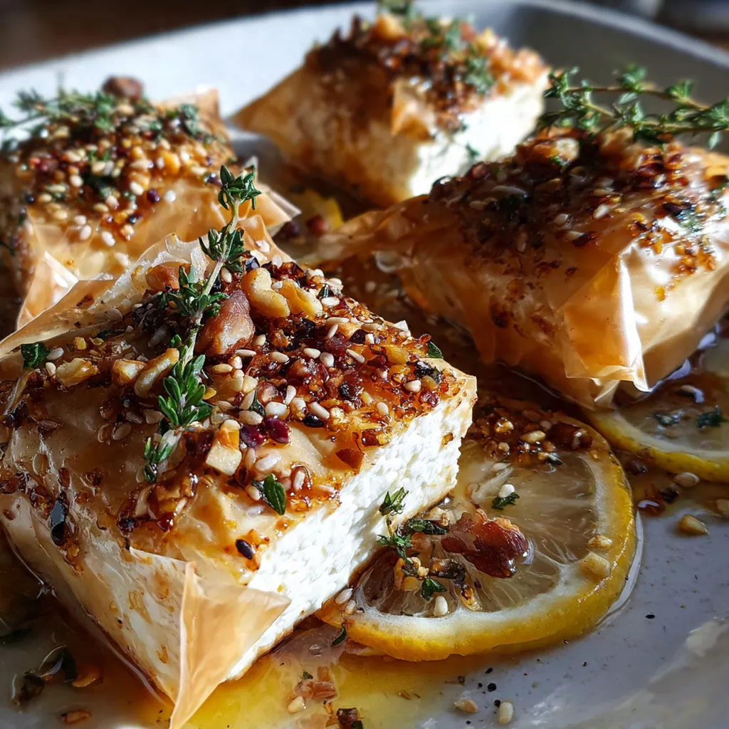 Close-up of one Feta Fillo Honey Bite showing the creamy feta filling and honey-walnut topping
