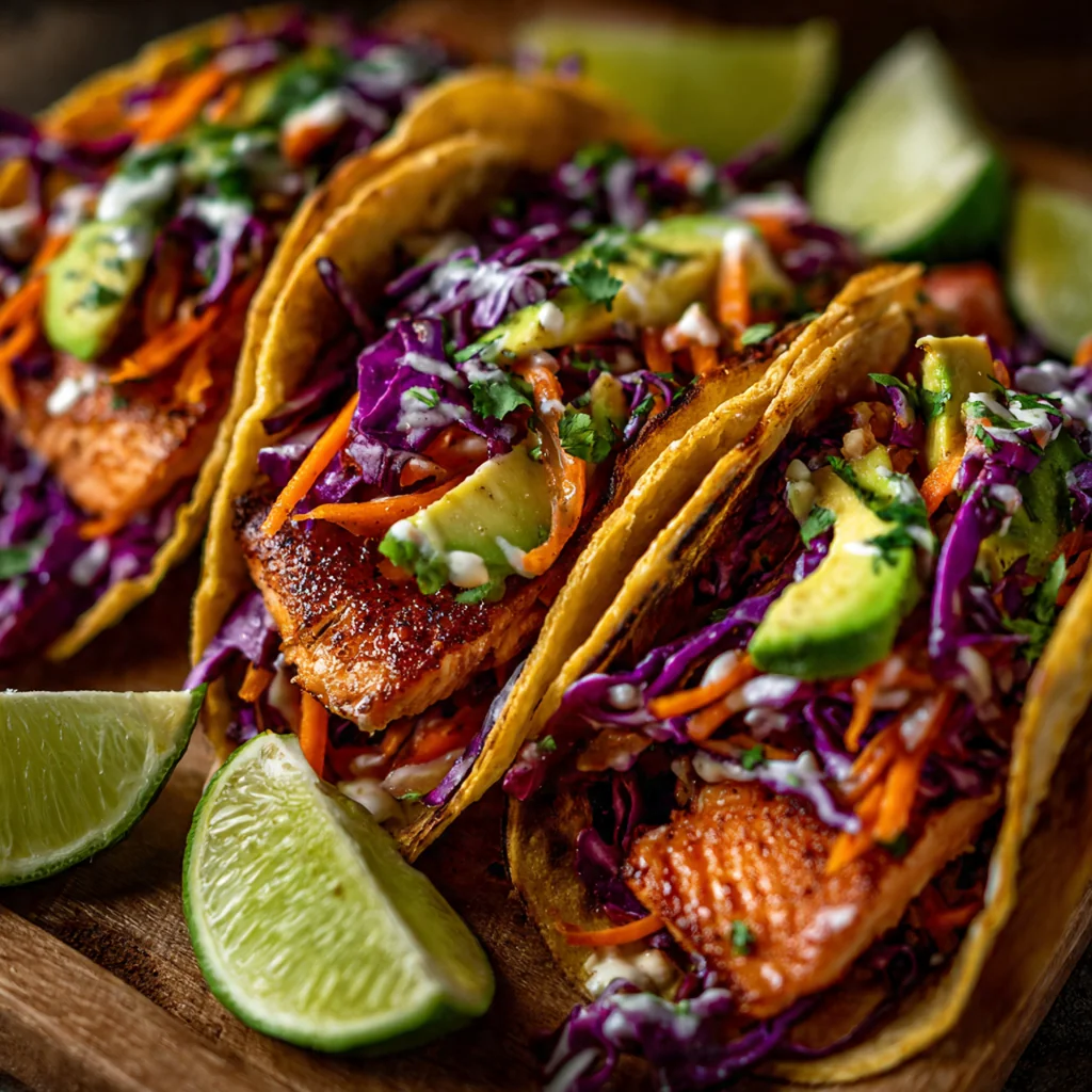 A close-up of assembled tacos showing flaked salmon, vibrant purple and green slaw, and creamy avocado slices