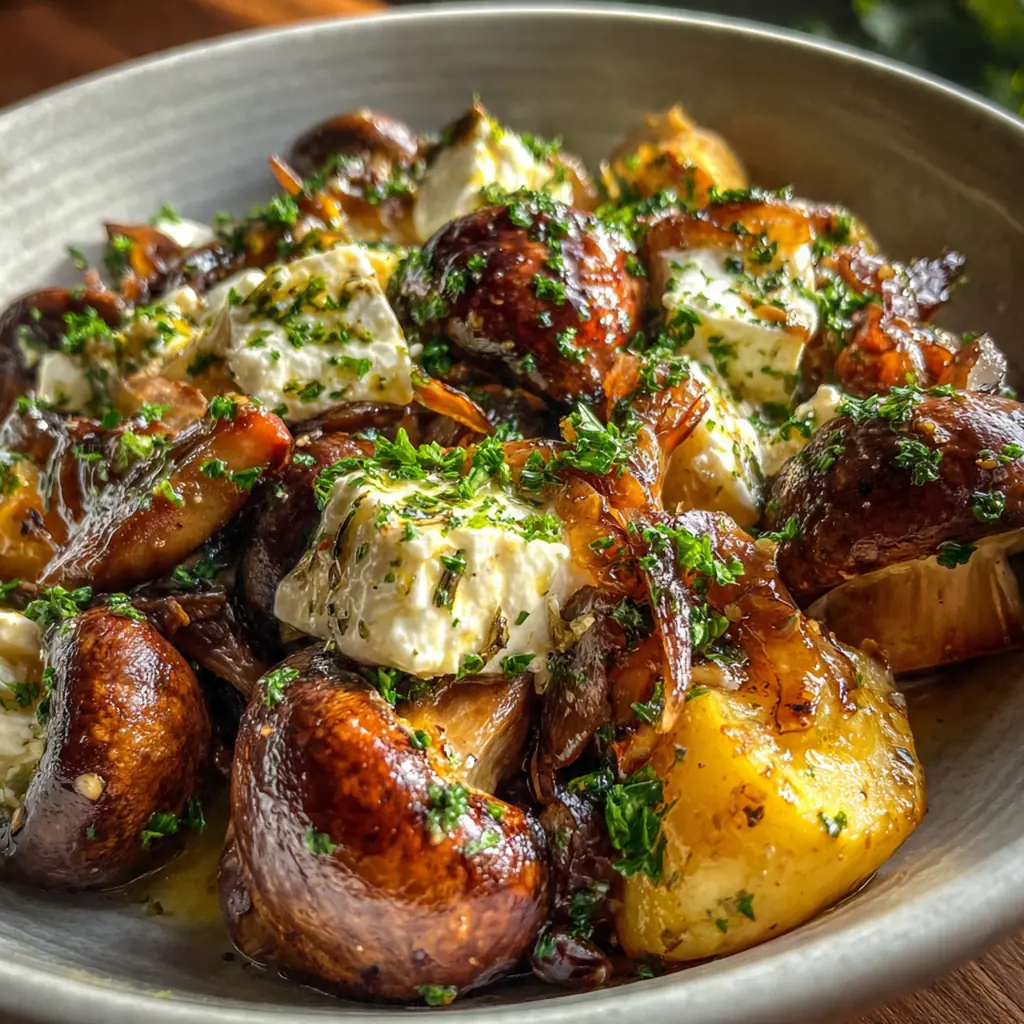 Close-up of a slice showing layers of caramelized mushrooms, shallots, and creamy goat cheese