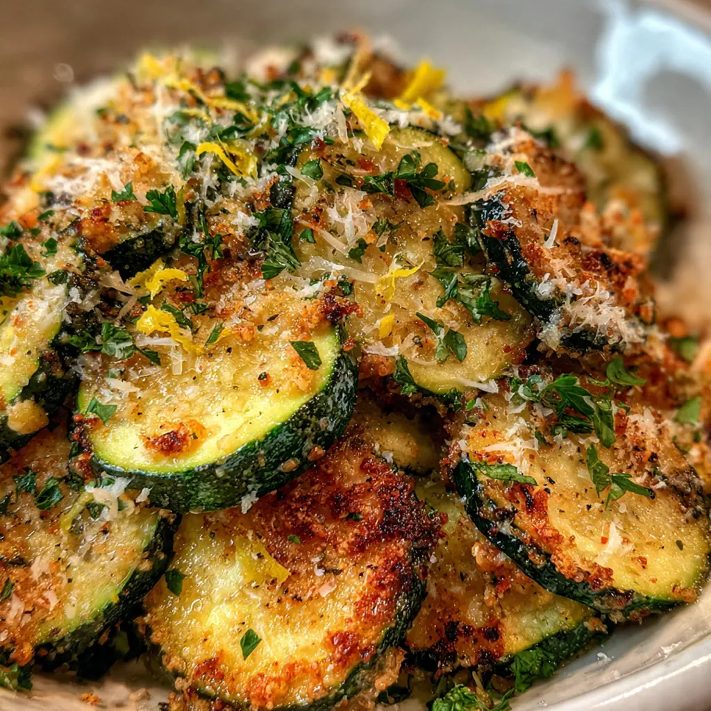 Close-up of a fork lifting a perfectly coated zucchini slice showing the tender interior