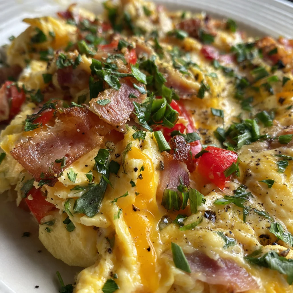 A brunch plate with a square of cheesy scrambled eggs, crispy bacon, and fresh fruit on the side