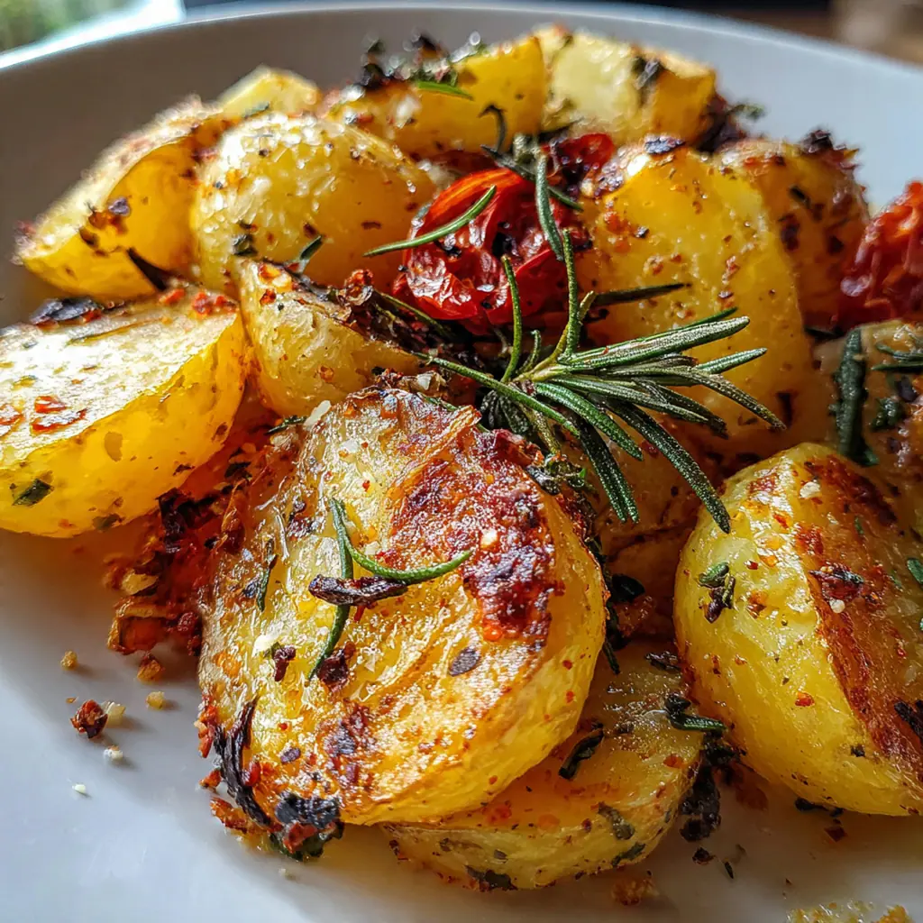 A family-style bowl of roasted potatoes garnished with fresh parsley and grated Parmesan cheese