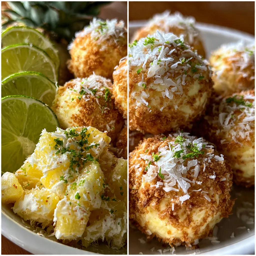 Hand holding a tropical pineapple coconut ball over a bowl of extra shredded coconut