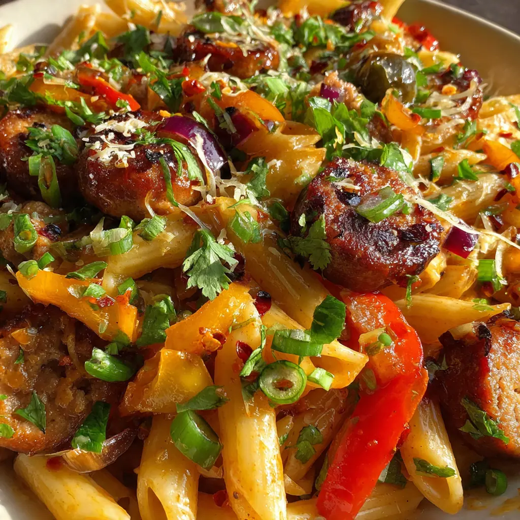 Close-up of a fork twirling creamy pasta with sliced sausage and vibrant sauce
