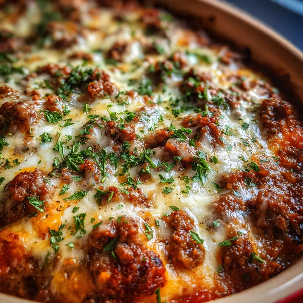 Close-up of a scoop of the casserole showing tender pasta, savory beef, and melted cheddar and mozzarella