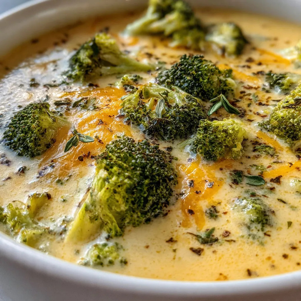 Overhead shot of a rustic table setting with soup bowls, a crusty bread loaf, and fresh broccoli