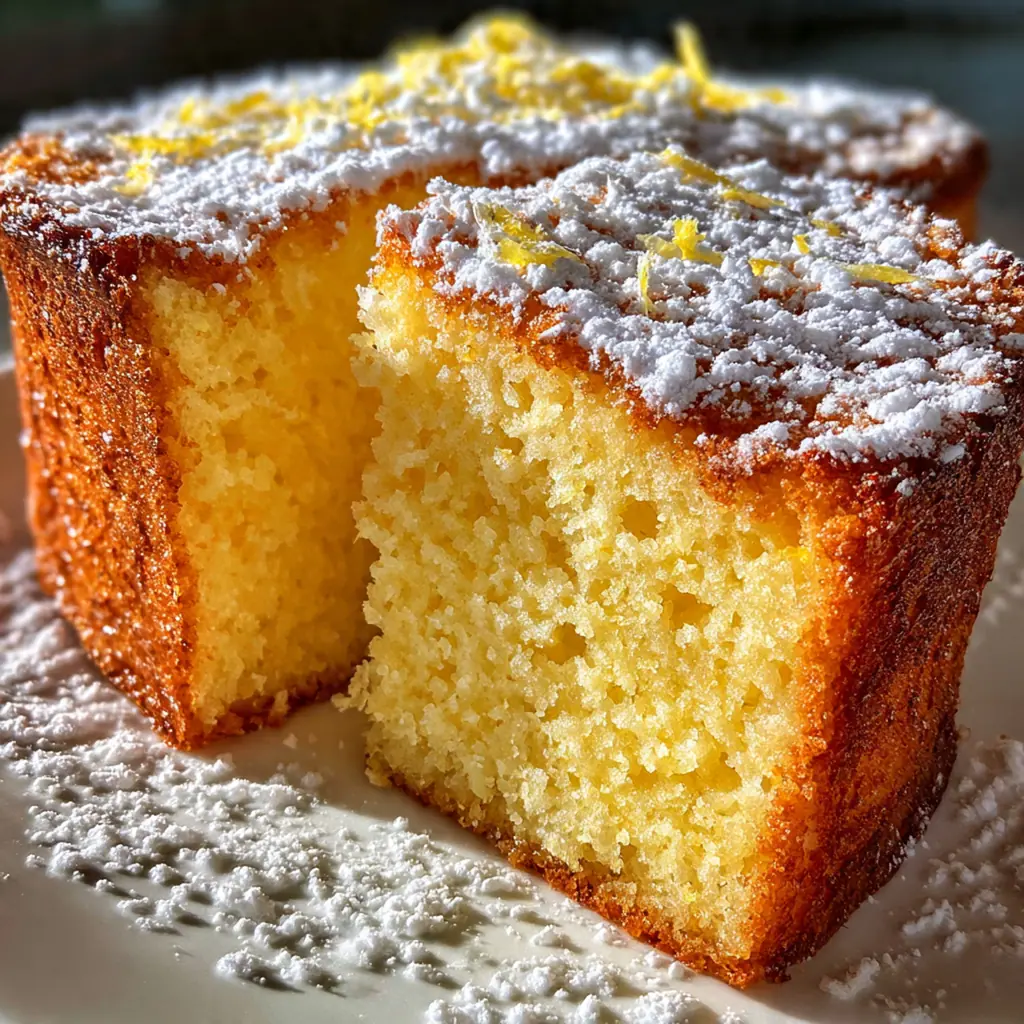 The whole light fluffy yogurt cake in a round pan, beautifully golden and ready to serve