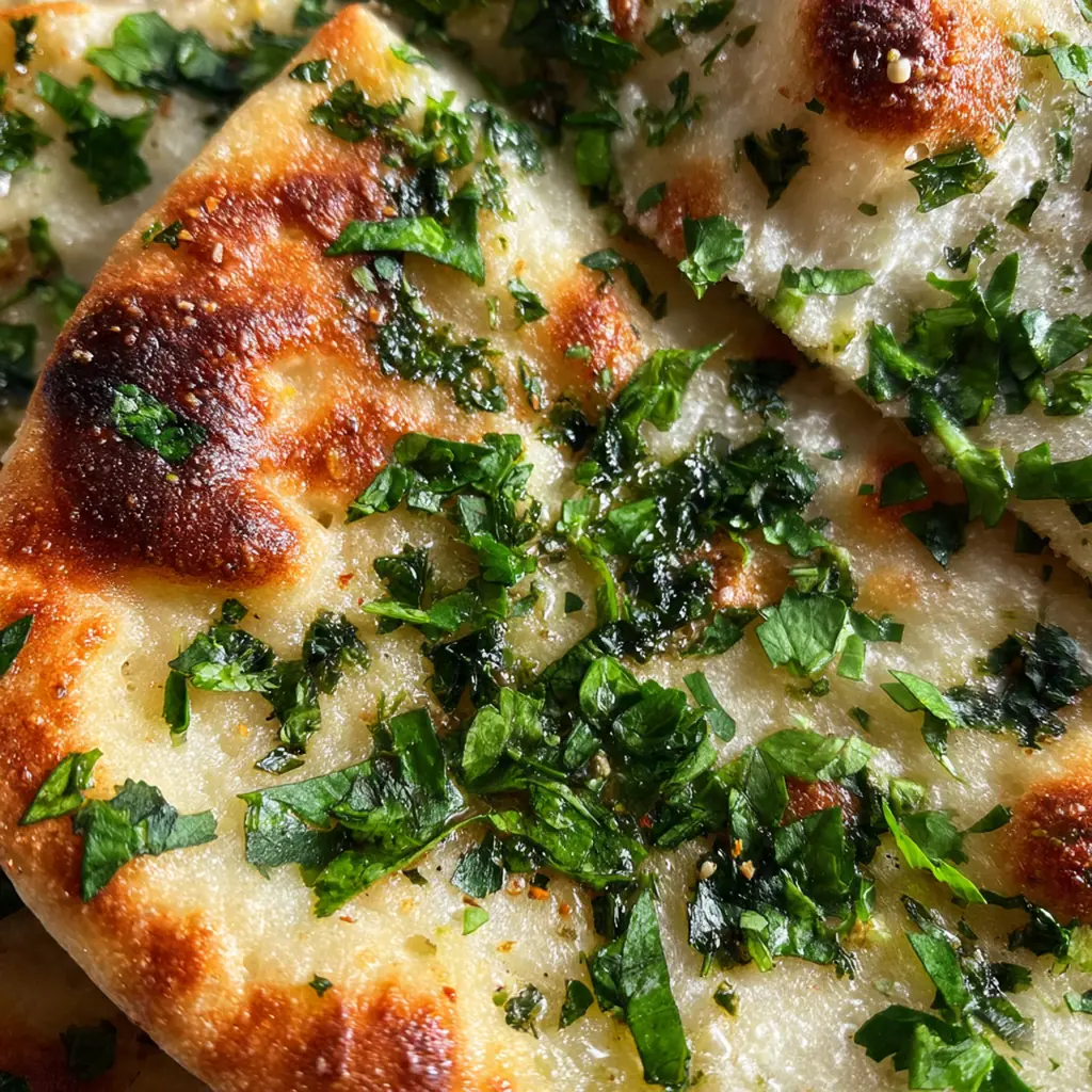 Fluffy sourdough naan topped with fresh cilantro and sesame seeds stacked under a linen towel