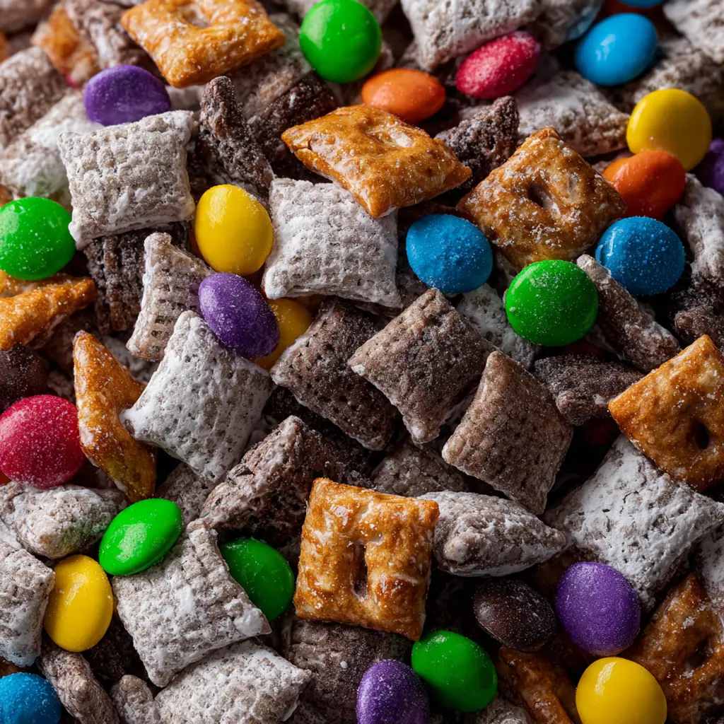 Close-up of Brownie Batter Puppy Chow showing the thick, fudgy coating on each crunchy cereal piece