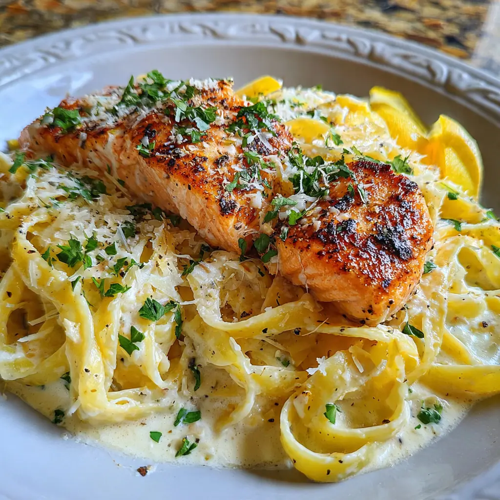 A beautifully plated portion of salmon fettuccine Alfredo next to a glass of white wine and a simple green salad.