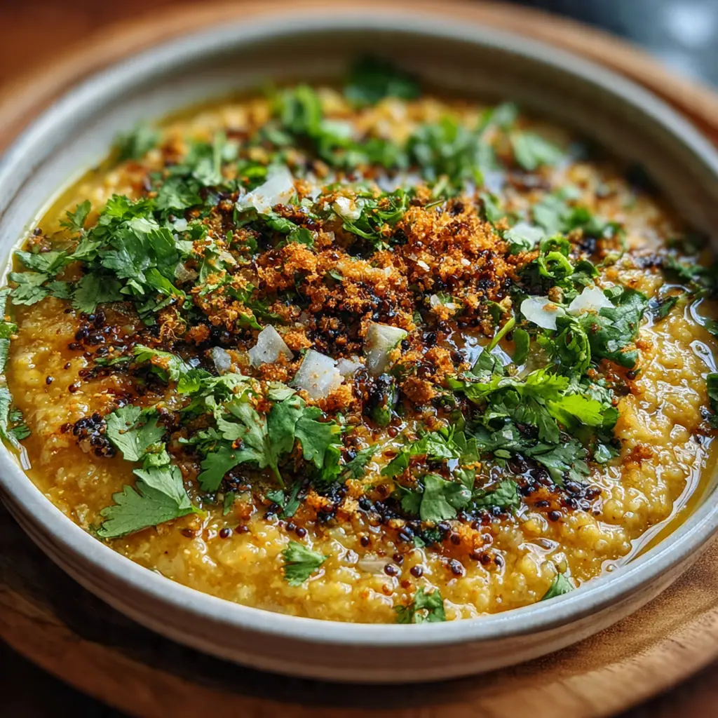 Steaming pot of homemade oats haleem with visible lentils and vegetables