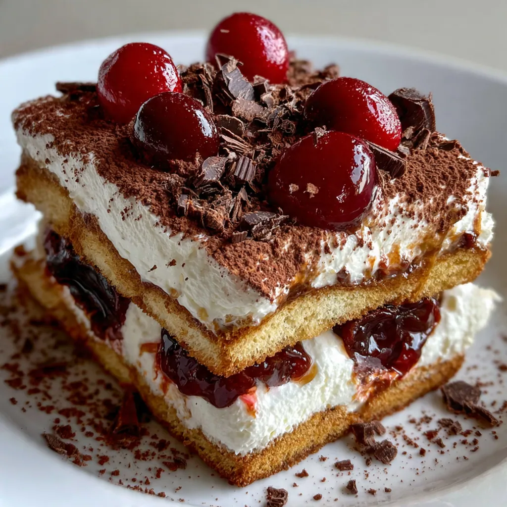 Close-up of a spoon dipping into the creamy mascarpone and cherry layers