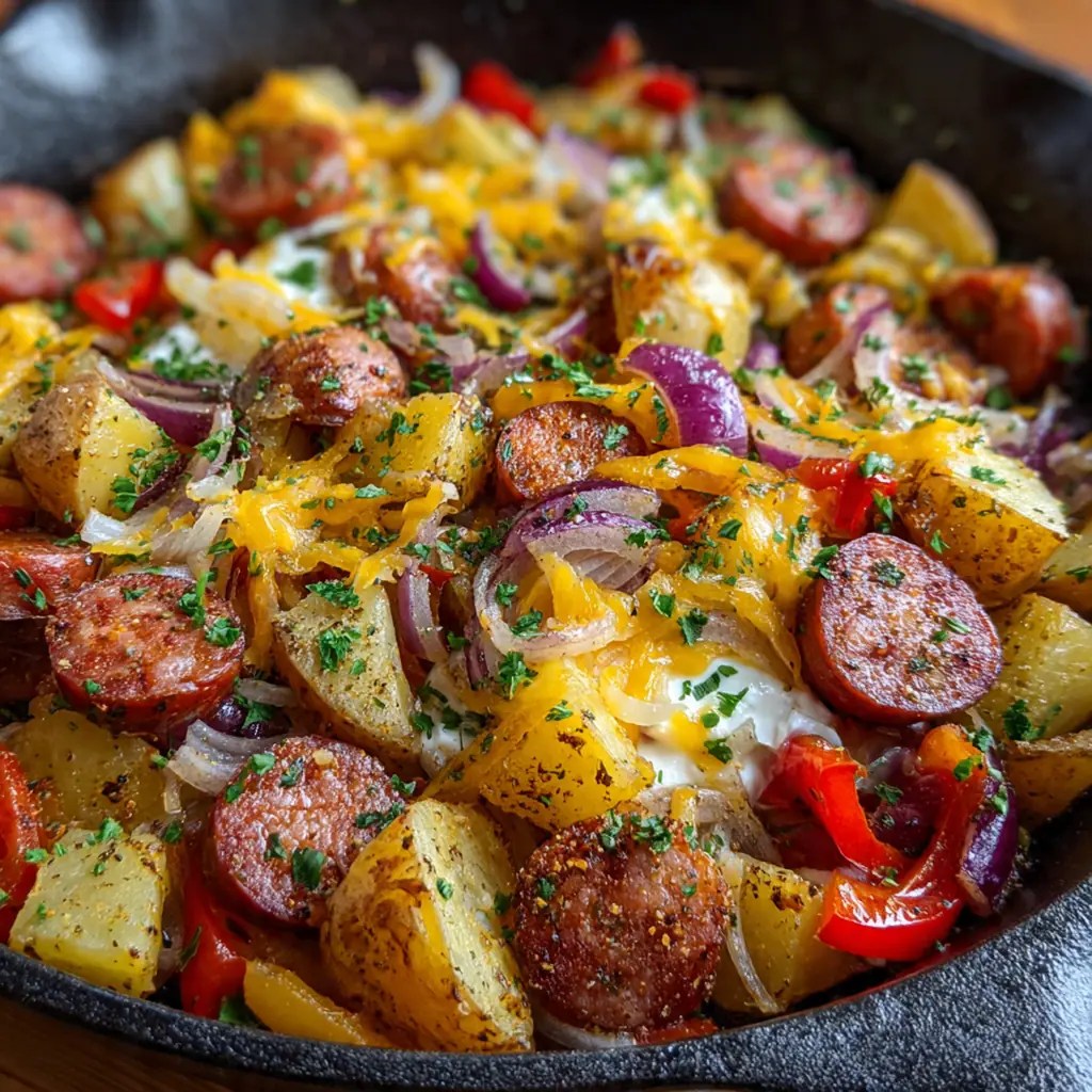 A served plate of cheesy potato kielbasa skillet with a dollop of sour cream and a simple green salad on the side.