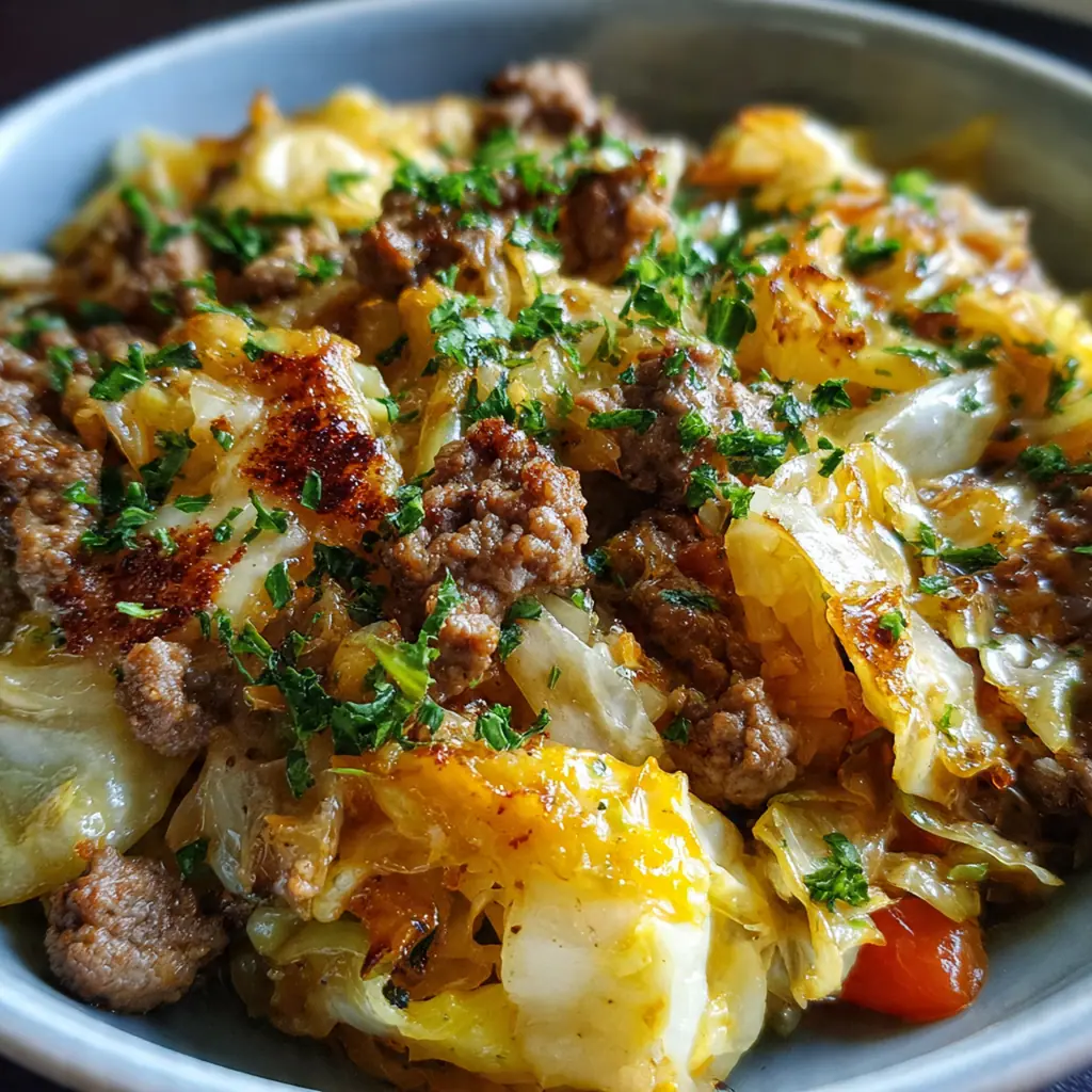 Close-up slice showing the savory layered beef and cabbage filling inside the golden crust