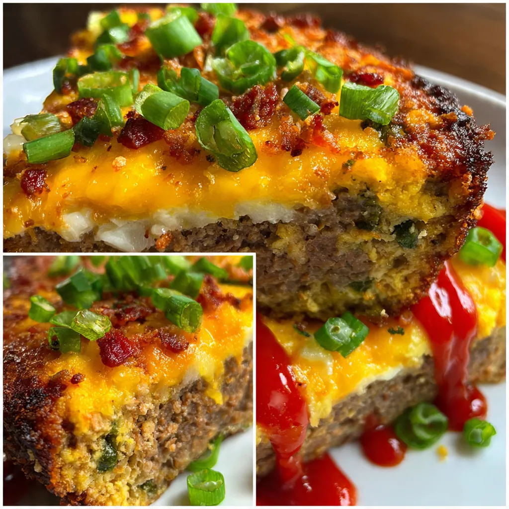 A complete dinner plate with a thick slice of jalapeno popper meatloaf, mashed potatoes, and green beans.