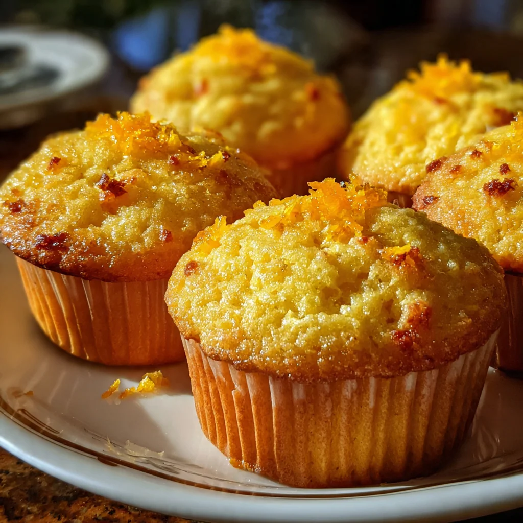 Close-up of a tender, moist orange muffin crumb packed with bright zest and juice