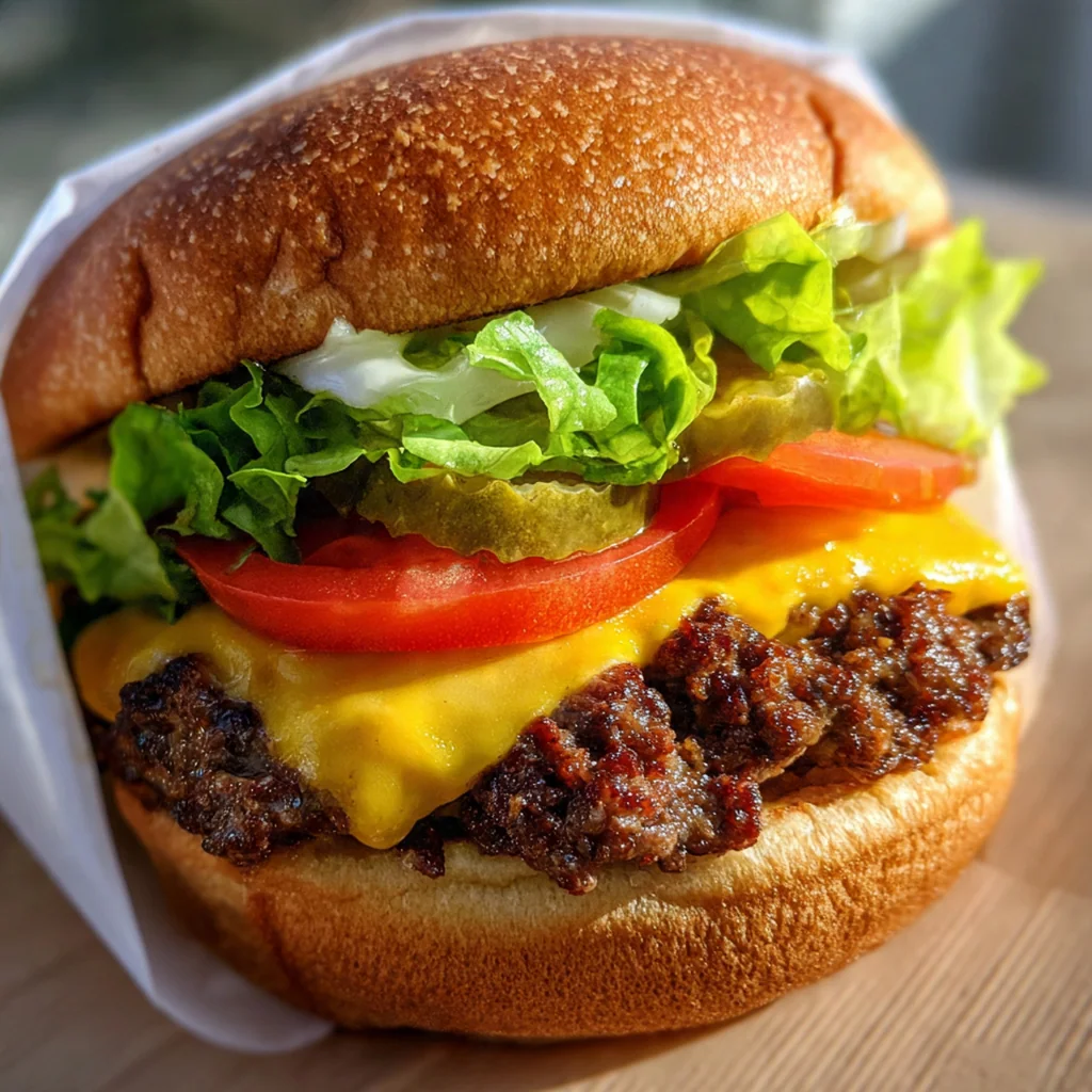 A freshly assembled burger with optional toppings like pickles and lettuce, ready to be picked up