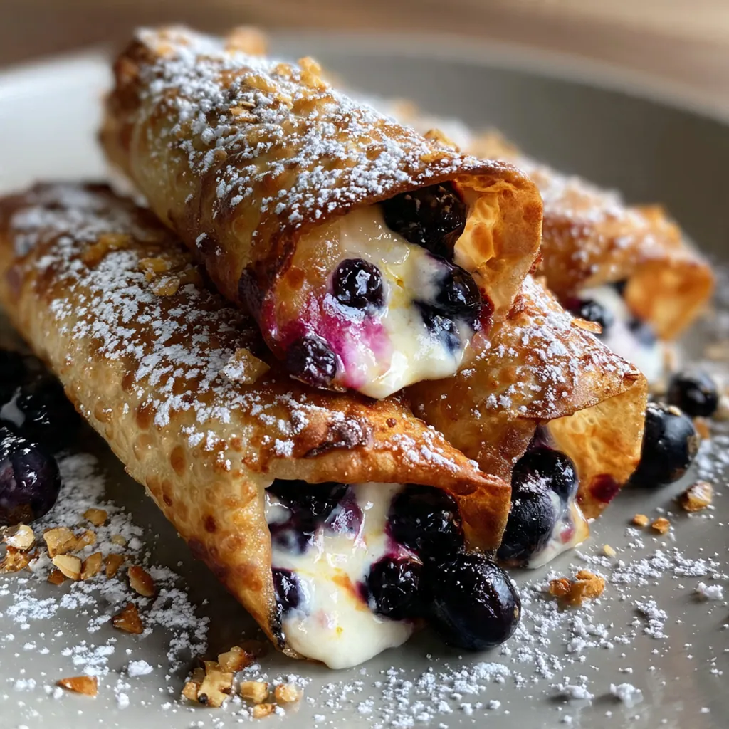 Close up shot of a broken eggroll showing the creamy blueberry cheesecake filling inside