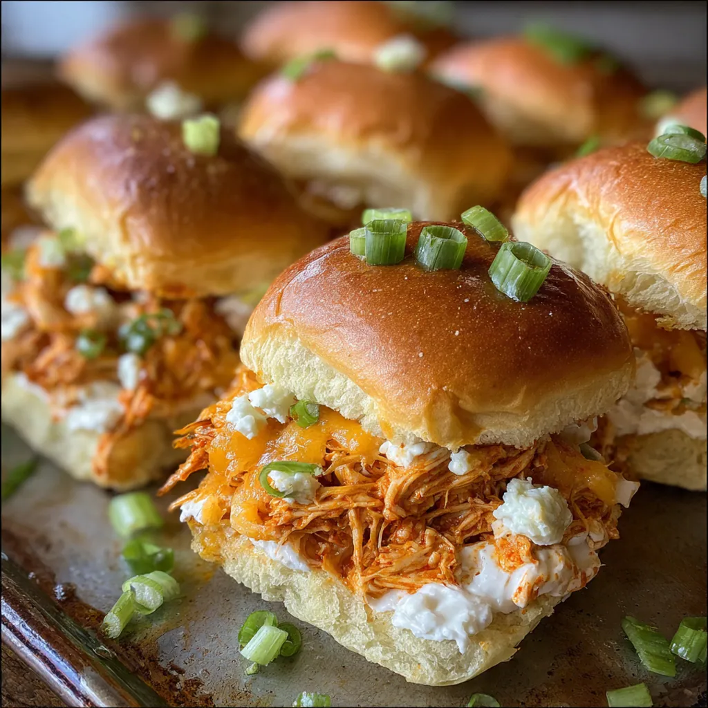Close-up shot of shredded chicken tossed in spicy buffalo sauce inside soft rolls