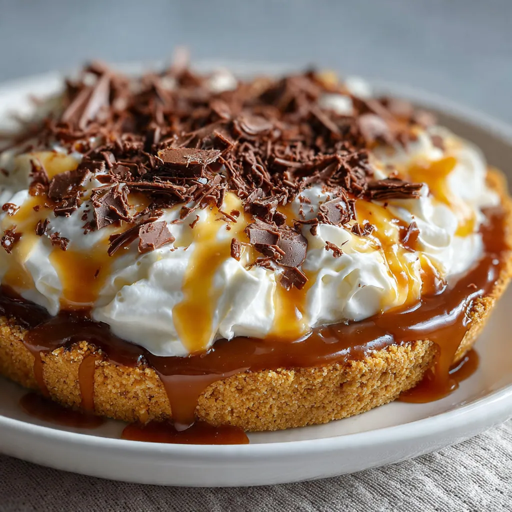 Close-up slice of pie showing the layers of graham cracker crust and smooth caramel filling