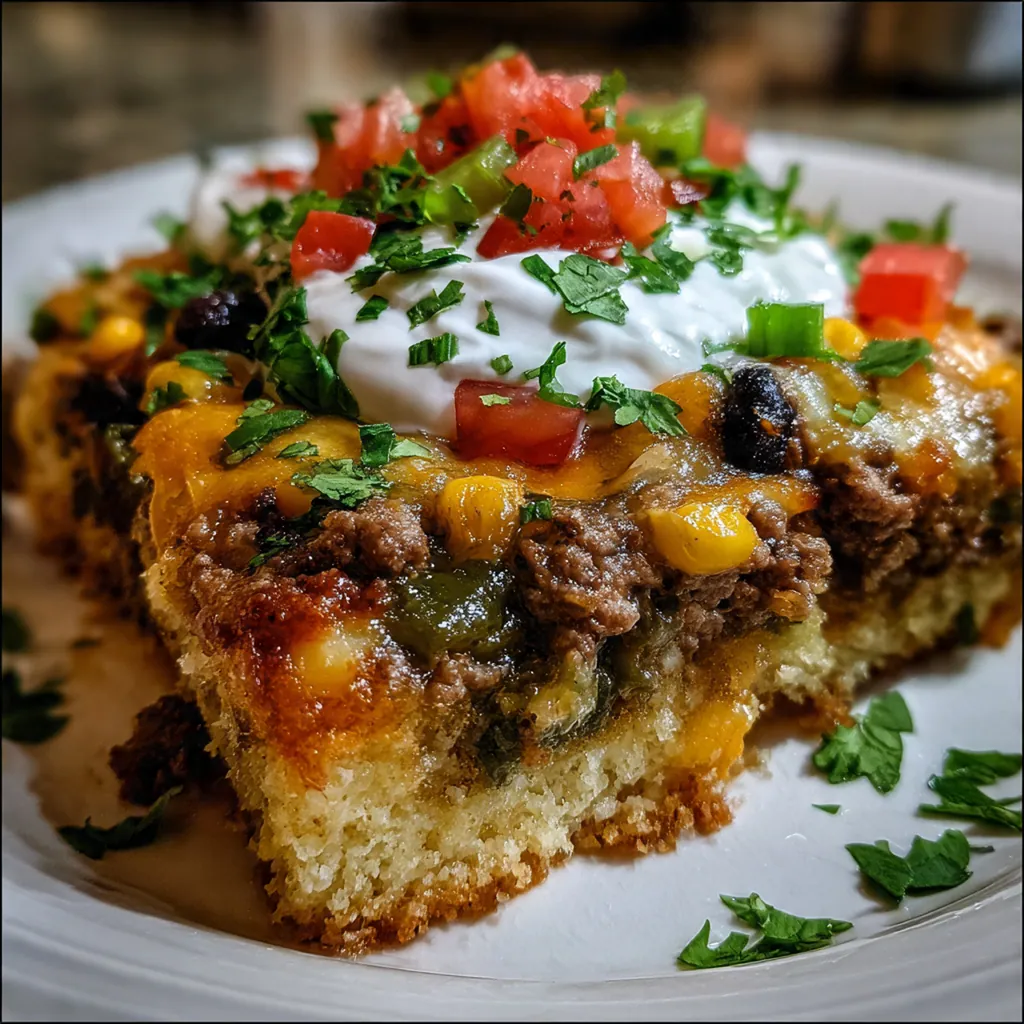 Close-up of a sliced portion showing layers of roasted poblano strips, black beans, corn, and creamy custard