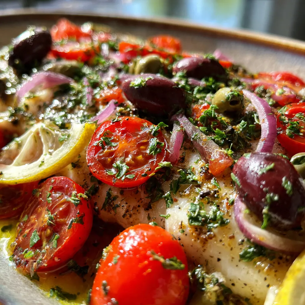 Fresh Mediterranean ingredients arranged beautifully around the finished baked fish