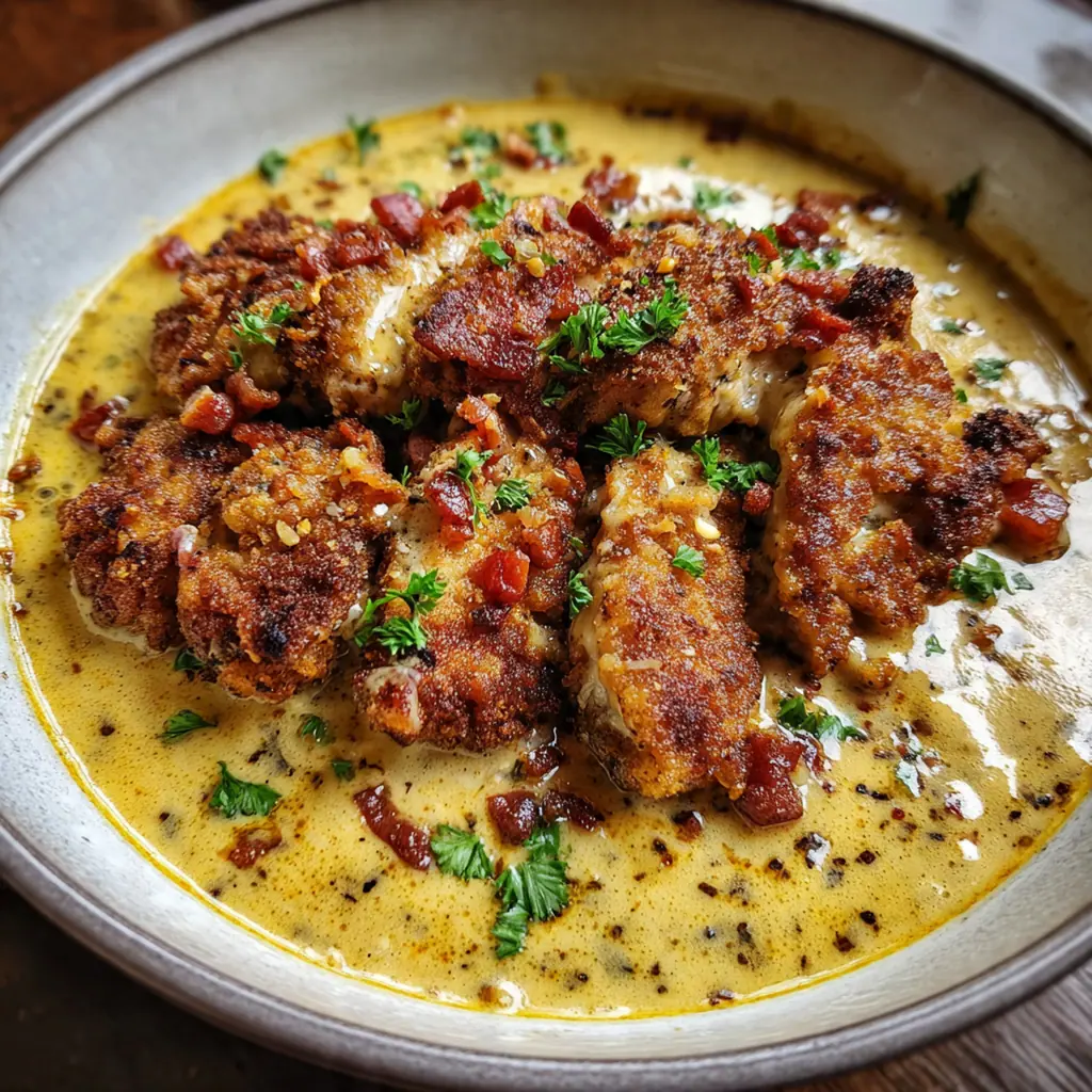 Crispy bacon gravy being poured over a perfectly browned pork chop on a rustic plate