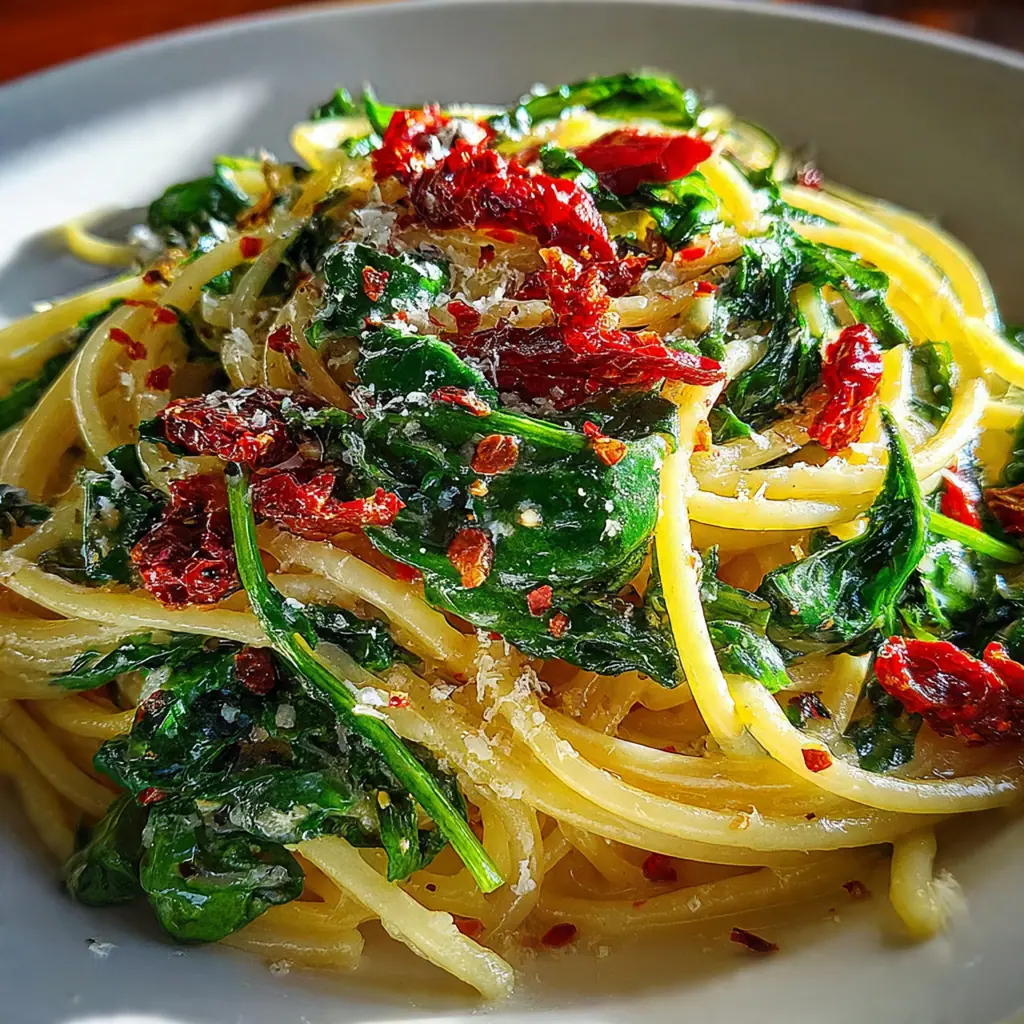 A large skillet filled with spaghetti spinach sundried cream being tossed with tongs, steam rising