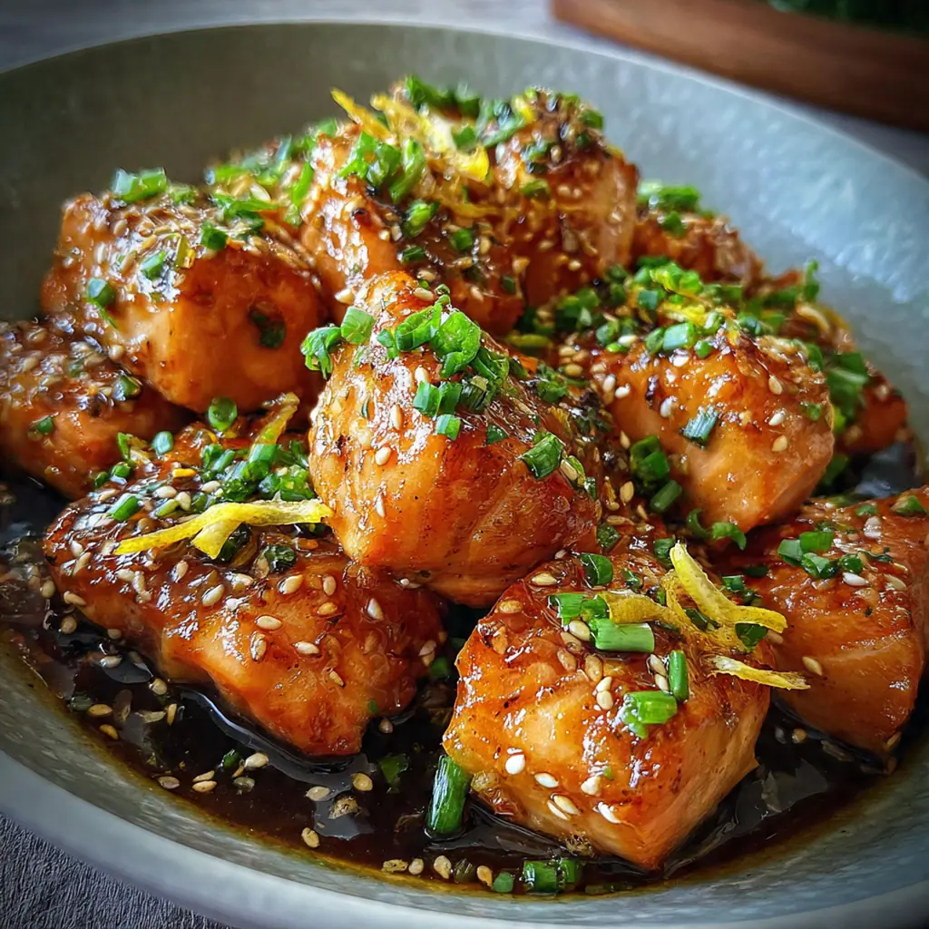 Close-up of a fork lifting a perfectly seared salmon cube coated in glossy honey garlic glaze