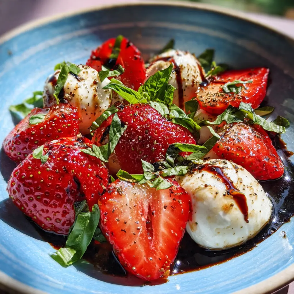 Overhead shot of a summer strawberry caprese salad drizzled with dark balsamic glaze on a wooden board