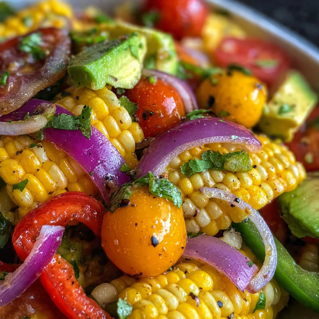 Close-up of the salad showing the juicy corn kernels and colorful vegetables tossed in zesty lime dressing