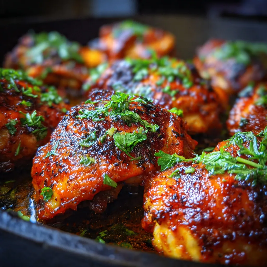 A family-style platter of honey BBQ chicken served with mashed potatoes and cornbread