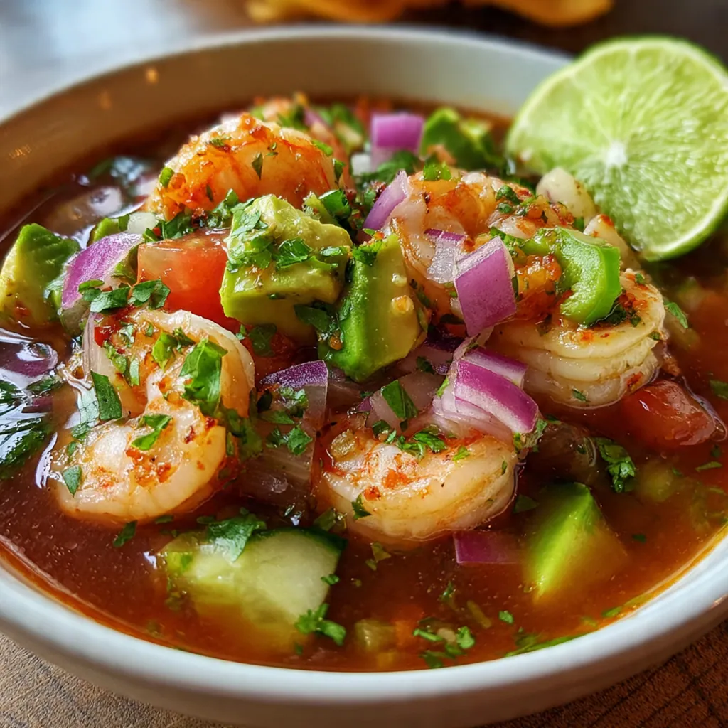 Close-up of a spoonful of zesty shrimp cocktail with cilantro and diced vegetables