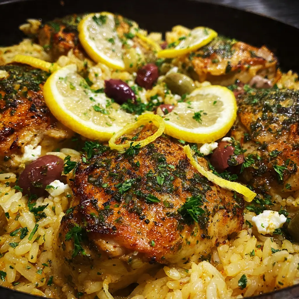 A rustic serving of the one-pot chicken and lemon rice in a Dutch oven with lemon wedges nearby.