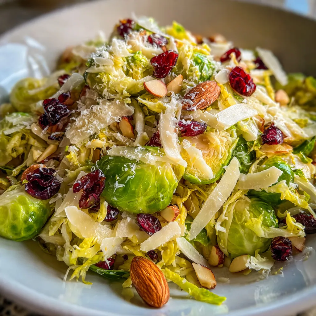 Close-up view of the vibrant salad showing the ribbon-like texture of the sprouts and the creamy lemon-anchovy dressing.