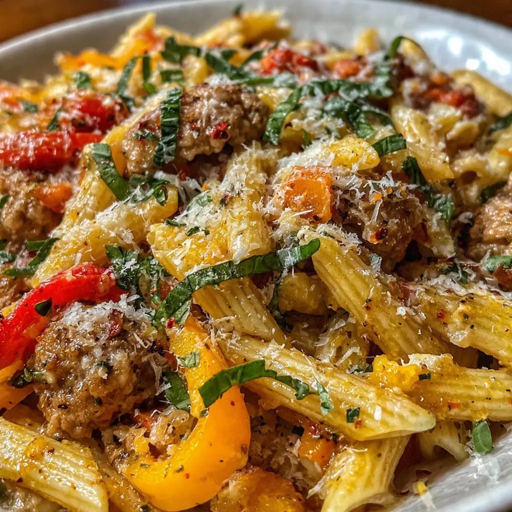 Overhead shot of a bowl of sausage and pepper pasta, topped with fresh basil and a sprinkle of Parmesan cheese.