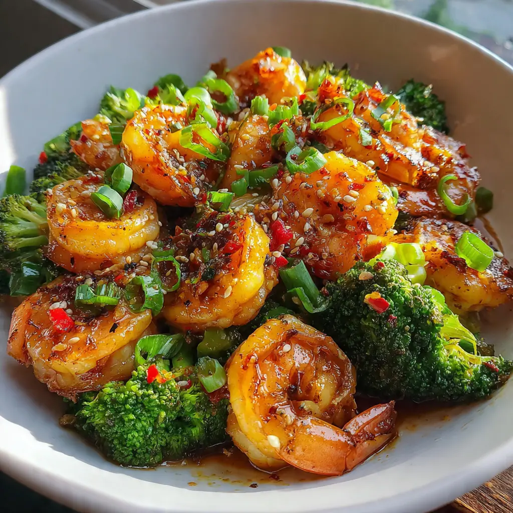 A complete dinner plate with honey garlic shrimp broccoli served over a mound of steamed white rice.