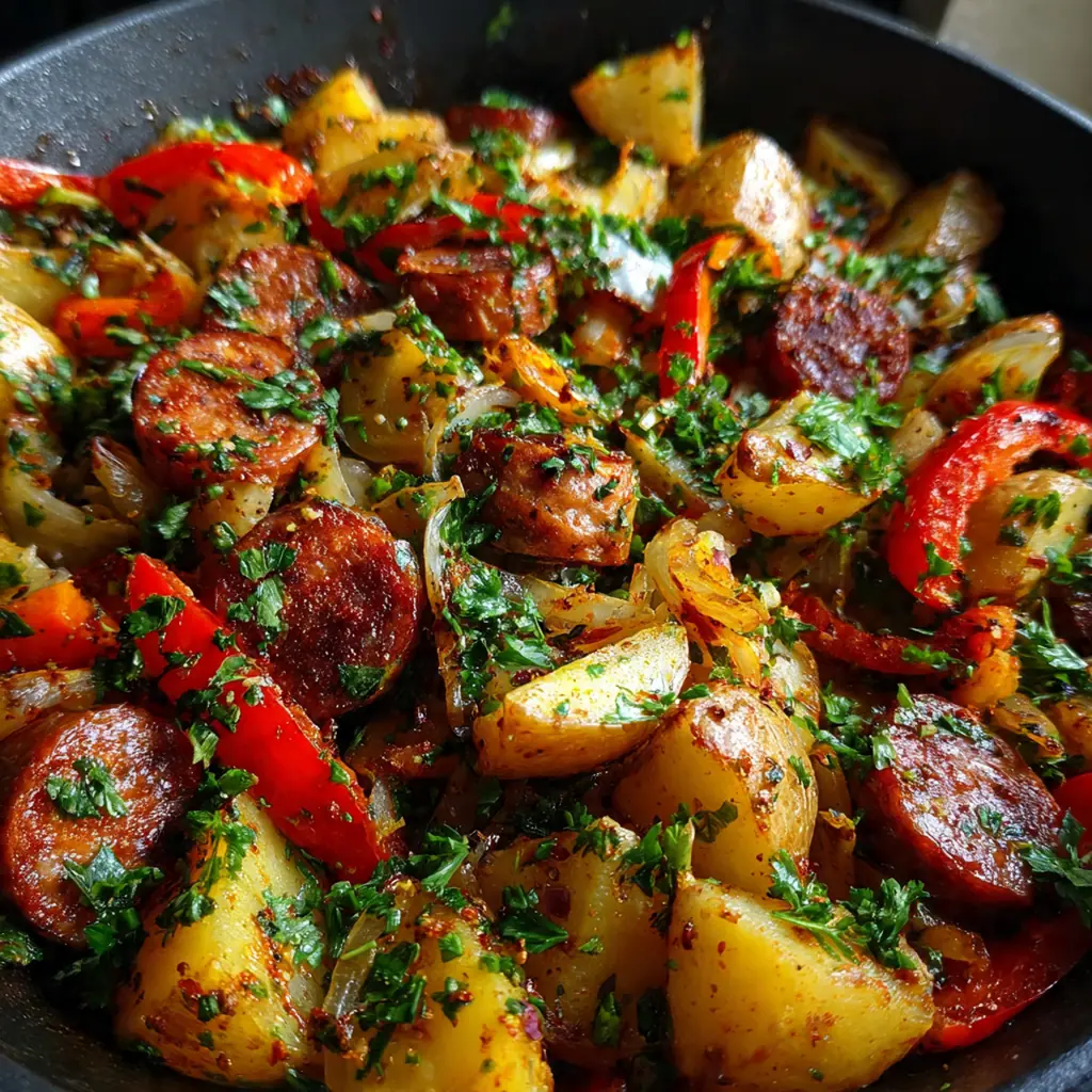 Close-up of a fork lifting tender potatoes and savory smoked sausage from the colorful mix
