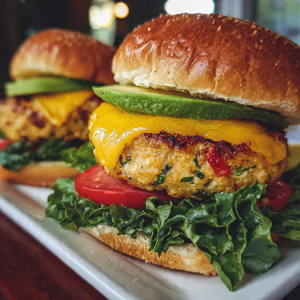 Close-up of a juicy chicken patty studded with bright green spinach and golden cheddar