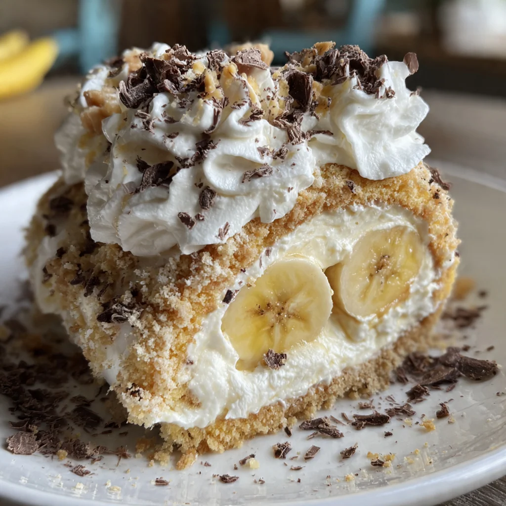 Close-up of a single generous slice with creamy filling and a dusting of powdered sugar