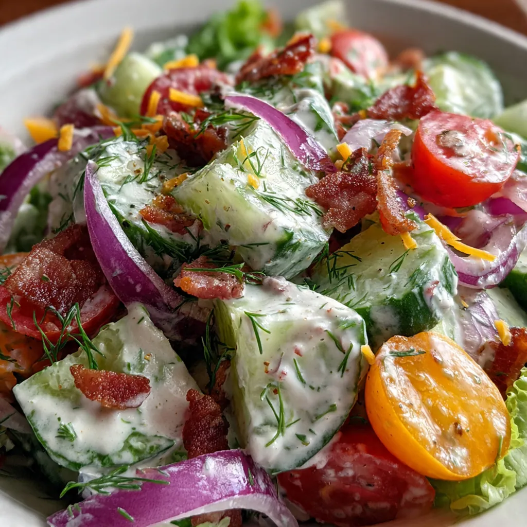 Overhead shot of the salad garnished with green onions and croutons ready to serve