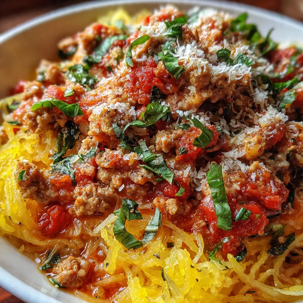 A comforting dinner plate with a generous serving of turkey marinara sauce over a bed of golden spaghetti squash strands