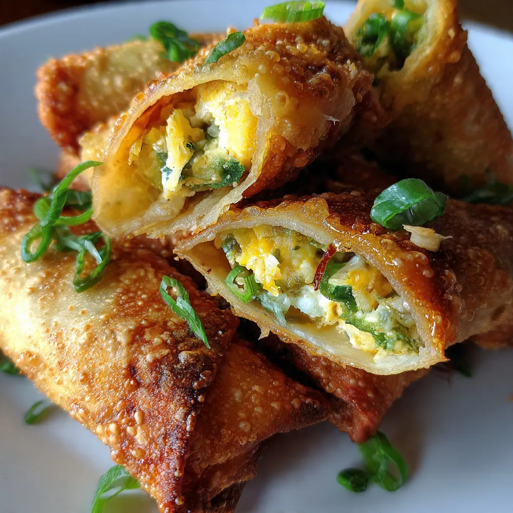 Close-up of a crispy eggroll wrapper breaking open to reveal the creamy, cheesy jalapeno and bacon filling