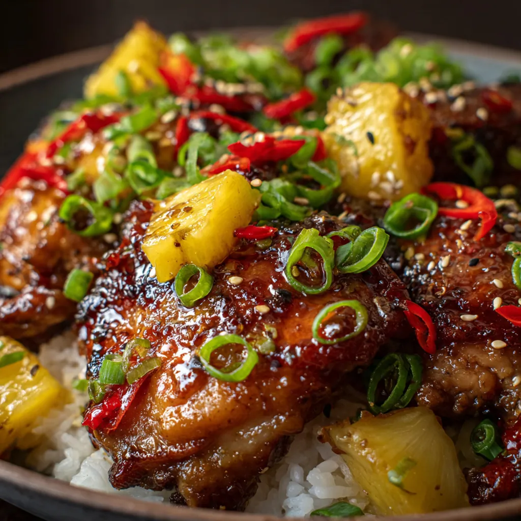 A full plate of Huli Huli Chicken served with steamed rice and grilled pineapple rings